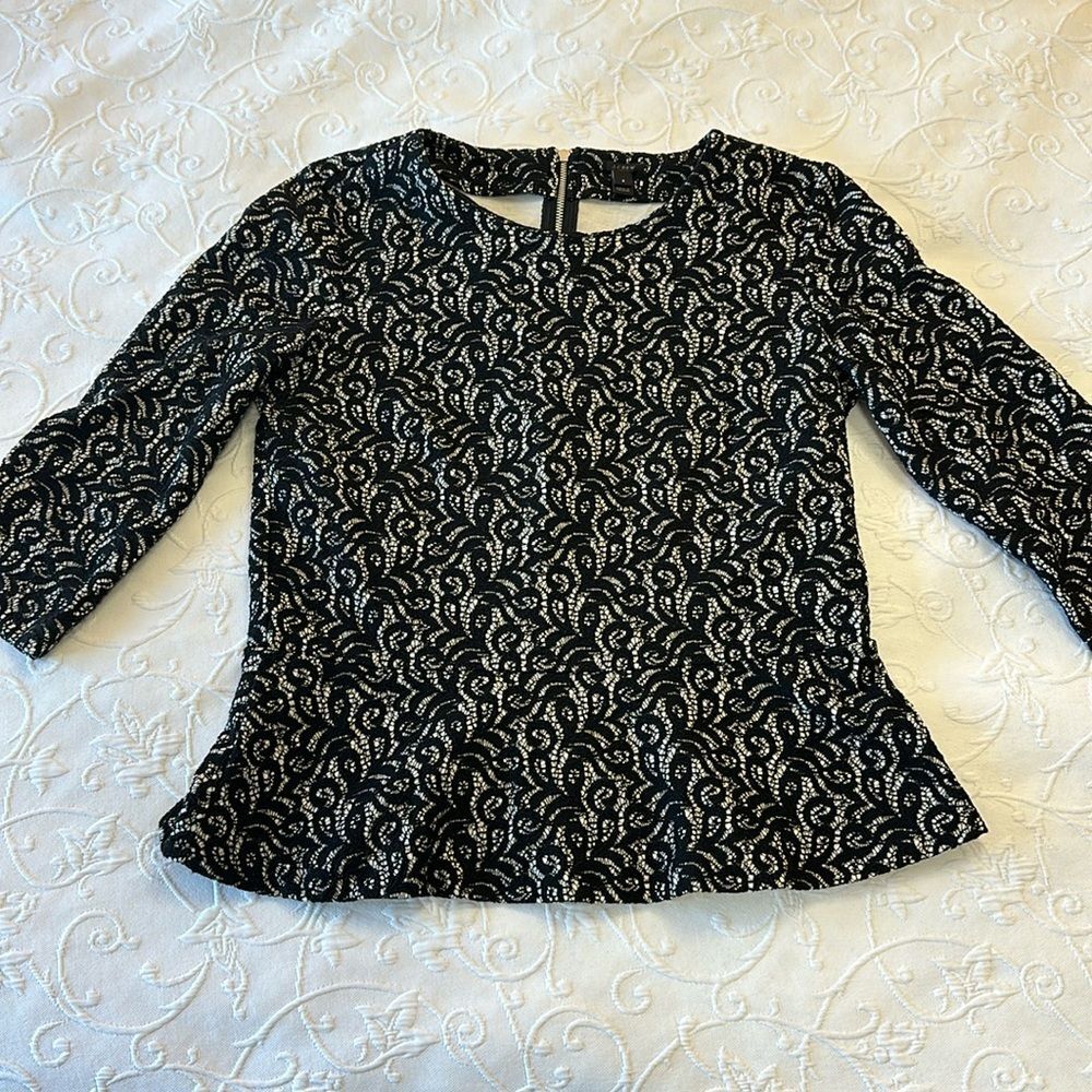 J. Crew Women's Size Small Black Lace 3/4 Quarter Length Sleeve Peplum Top Sz S